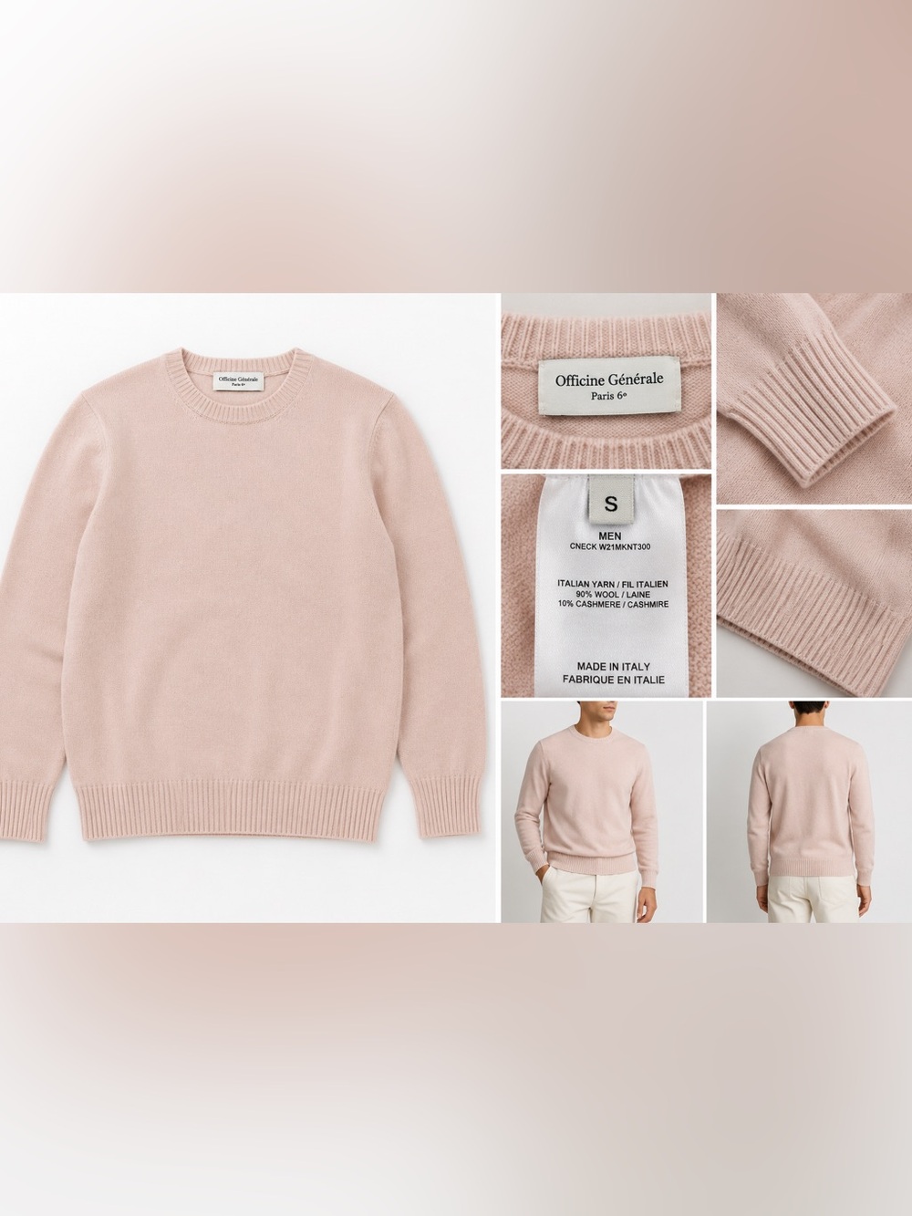 Officine Générale Men’s Wool Cashmere Crewneck Sweater Pink Size S Made Italy